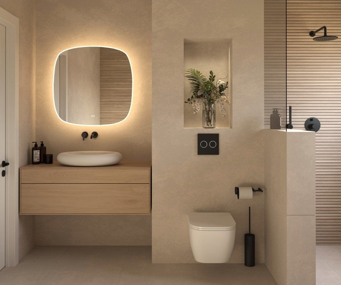 moderne beige badkamer met warme sfeer