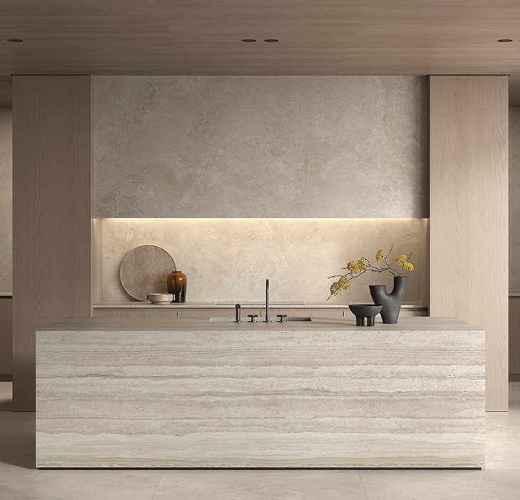 Travertin look tegels in een moderne keuken