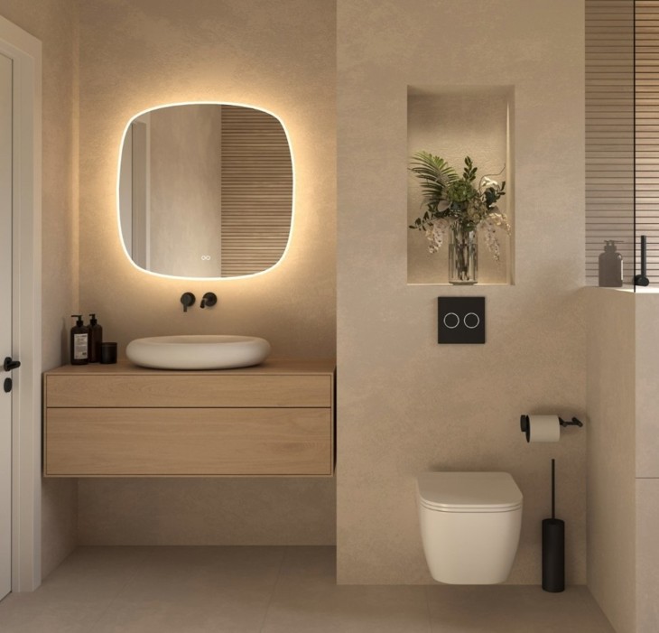 Sfeervolle beige badkamer met spiegelverlichting